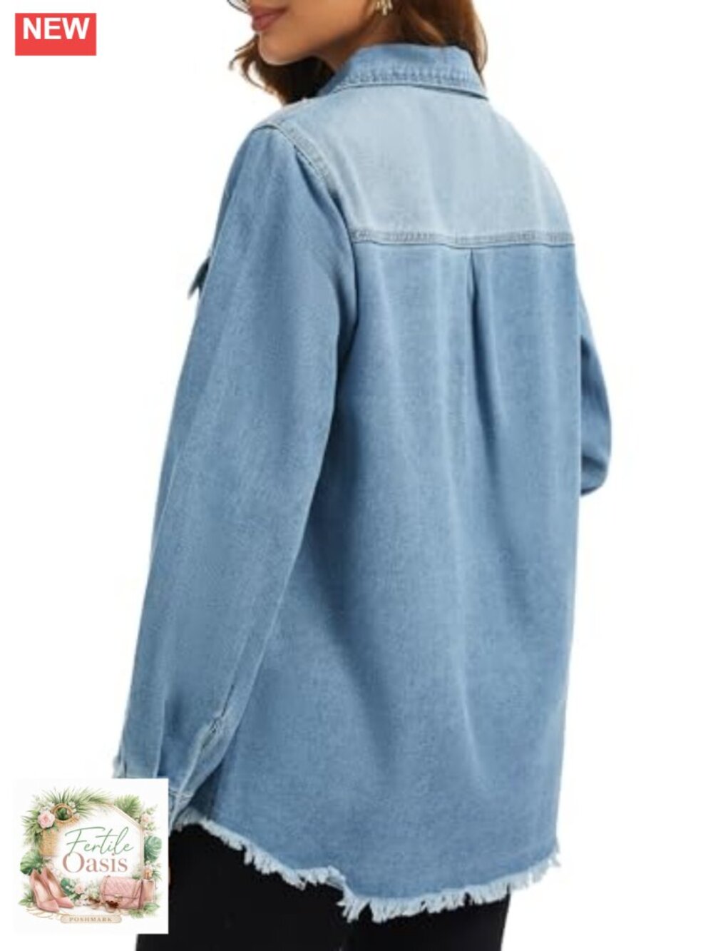Oversized Distressed Denim Jacket Long Sleeve Frayed Hem Shacket - Picture 4 of 5